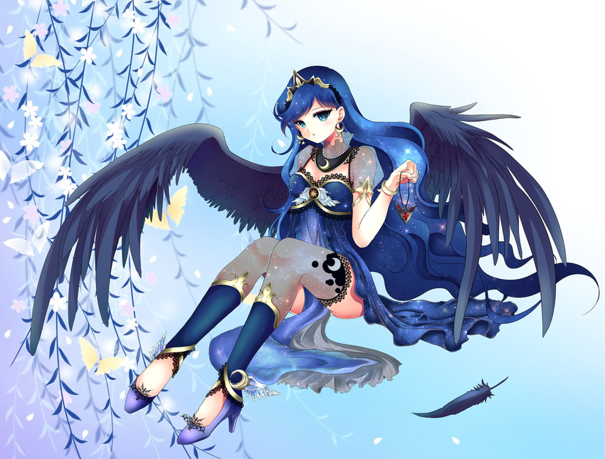 anthropomorphism dress feathers flowers gradient leaves my_little_pony my_little_pony:_friendship_is_magic necklace princess_luna thighhighs tiara wings