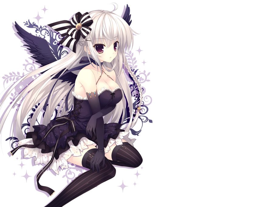 breasts cleavage dress elbow_gloves gray_hair indico_lite long_hair mitha original thighhighs transparent wings