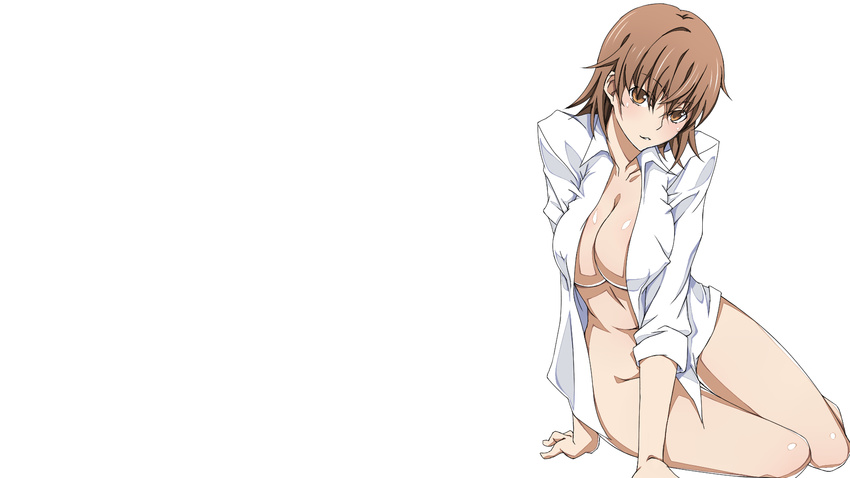 breasts brown_eyes brown_hair cleavage misaka_misuzu naked_shirt no_bra nopan open_shirt shirt to_aru_kagaku_no_railgun to_aru_majutsu_no_index touryou white