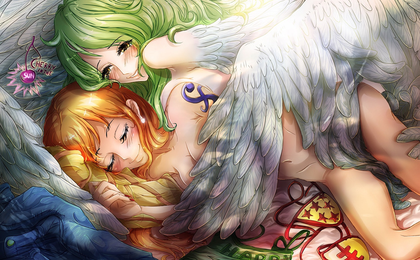 2girls cherryinthesun green_hair monet_(one_piece) nami navel nude one_piece sleeping wings yuri