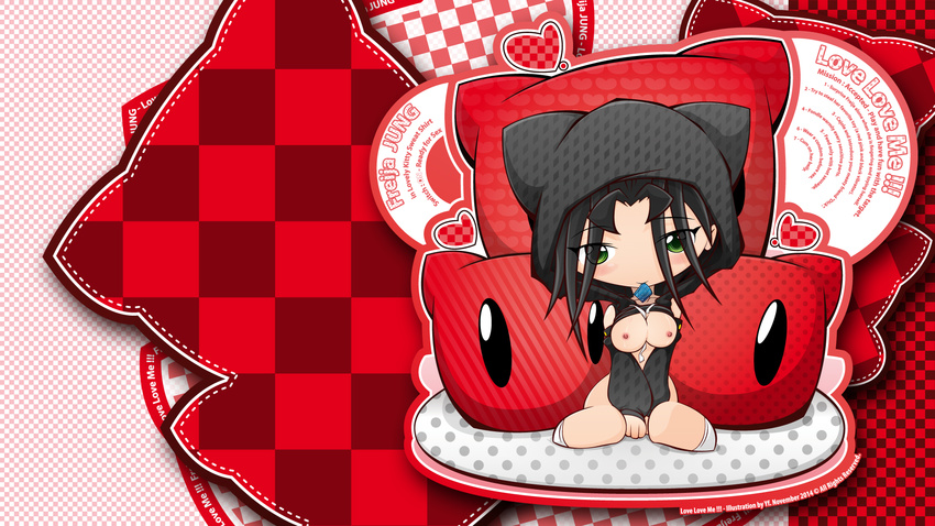 black_hair blush breasts chibi condom freija_jung green_eyes nipples no_bra nopan original shirt_lift short_hair signed socks vector yf