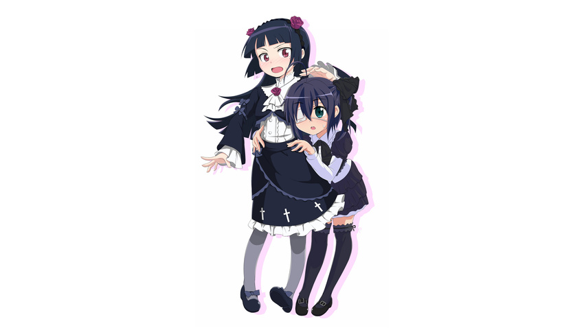 black_hair blush chuunibyou_demo_koi_ga_shitai! eyepatch flowers gokou_ruri goth-loli green_eyes headband kneehighs long_hair mjn ore_no_imouto_ga_konna_ni_kawaii_wake_ga_nai purple_eyes ribbons short_hair stockings takanashi_rikka zettai_ryouiki