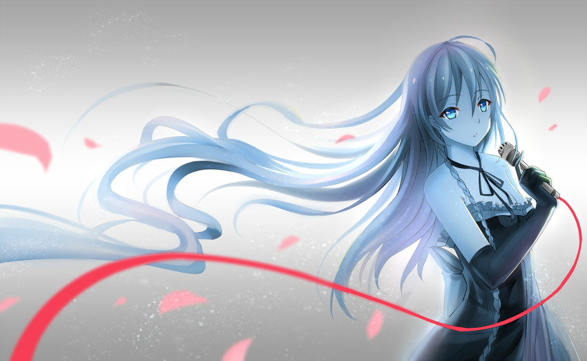 1girl bare_shoulders black_dress black_gloves blonde_hair blue_eyes braids dress elbow_gloves ia ia_(vocaloid) long_hair looking_at_viewer microphone petals very_long_hair vocaloid yeluno_meng