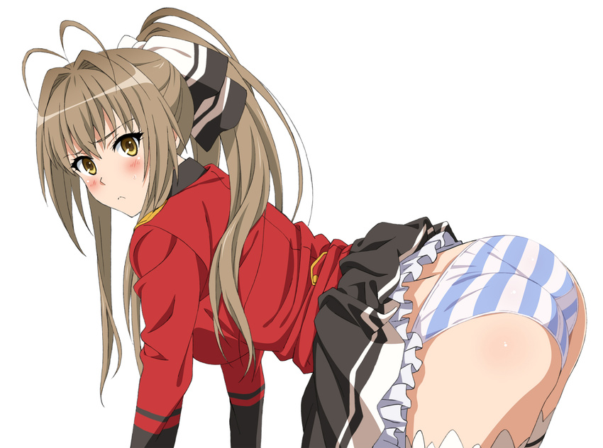 amagi_brilliant_park blush brown_eyes brown_hair kekke long_hair panties ponytail sento_isuzu striped_panties underwear