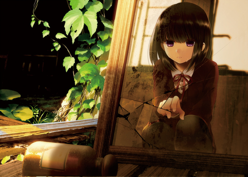 ainili black_hair leaves mirror original purple_eyes ribbons seifuku short_hair tears