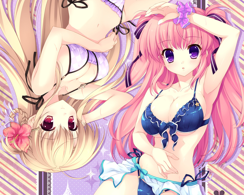 2girls bikini blonde_hair breasts cleavage garter indico_lite long_hair mitha nanagane_educational_institution pink_hair sakuranomiya_arisa shirasagi_otoha swimsuit underboob