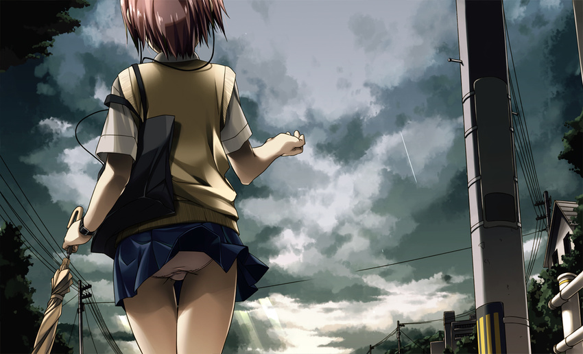 brown_hair clouds headphones panties rain seifuku shikei short_hair skirt umbrella underwear water wristwear