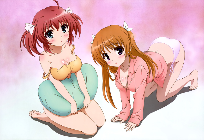 2girls breasts brown_hair cleavage daitoshokan_no_hitsujikai homura_naru kodachi_nagi megami no_bra panties scan shirasaki_tsugumi underwear