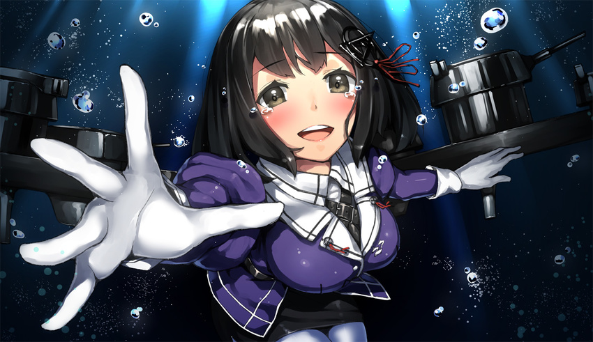 black_hair brown_eyes bubbles gloves haguro_(kancolle) kantai_collection neo-masterpeacer ribbons short_hair underwater uniform water