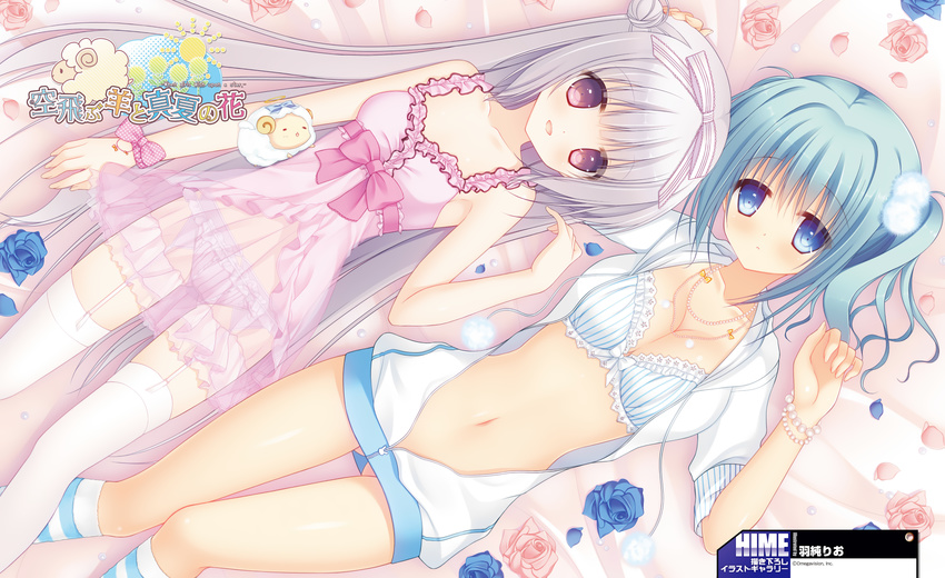 2girls blue_hair bra breasts cleavage dengeki_hime flowers gray_hair hazumi_rio kirisame_yuu navel_honeybell necklace panties rose see_through shiina_tyris_eluard sora_tobu_hitsuji_to_manatsu_no_hana underwear