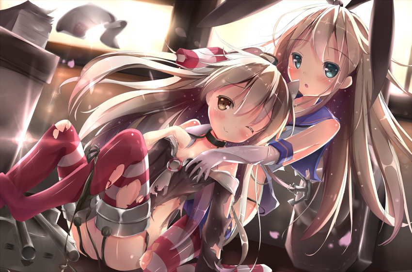 2girls amatsukaze_(kancolle) blonde_hair blue_eyes blush brown_eyes elbow_gloves gray_hair headband kantai_collection long_hair seifuku shimakaze_(kancolle) thighhighs torn_clothes wink yonjyuugo