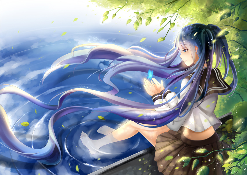 barefoot blue_eyes blue_hair butterfly hatsune_miku leaves long_hair seifuku twintails vocaloid water yeluno_meng