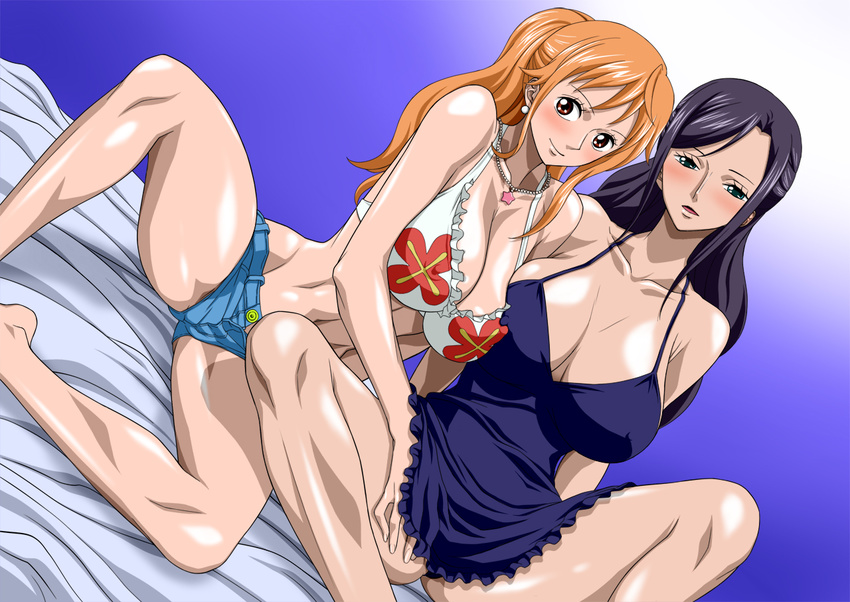 2girls bare_shoulders bed bikini_top black_eyes black_hair blush breasts brown_eyes cleavage collarbone dress earrings jewelry large_breasts legs long_hair looking_at_viewer multiple_girls nami nami_(one_piece) navel nel-zel_formula nico_robin one_piece open_mouth orange_hair ponytail short_shorts shorts simple_background sitting smile thighs yuri