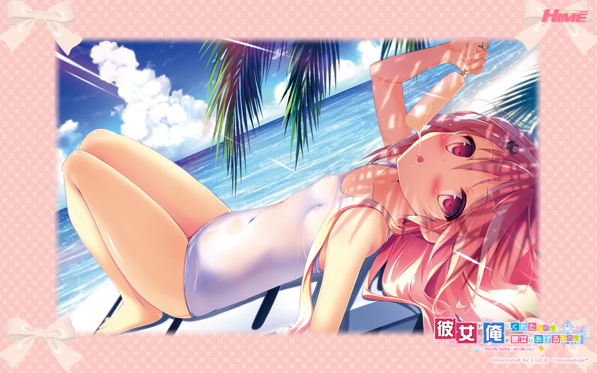 barefoot beach blush dengeki_hime erect_nipples food ice_cream logo long_hair nipples onomatope* pink_eyes pink_hair school_swimsuit see_through shiratama skintight swimsuit water watermark wet