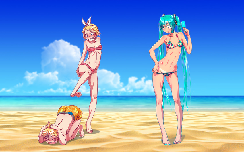 aqua_hair barefoot beach bikini blonde_hair blue_eyes blush clouds food hatsune_miku kagamine_len kagamine_rin long_hair male navel photoshop popsicle purple_eyes short_hair shorts swimsuit takouji tan_lines twintails vocaloid water