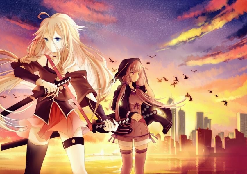 2girls animal bird blonde_hair blue_eyes cangchen city clouds hoodie ia katana long_hair purple_eyes purple_hair skirt sky stars sunset sword thighhighs vocaloid voiceroid weapon yuzuki_yukari