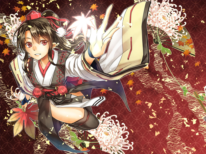 abo_(hechouchou) black_hair fan flowers hat japanese_clothes petals pointed_ears ponytail red_eyes shameimaru_aya short_hair thighhighs touhou