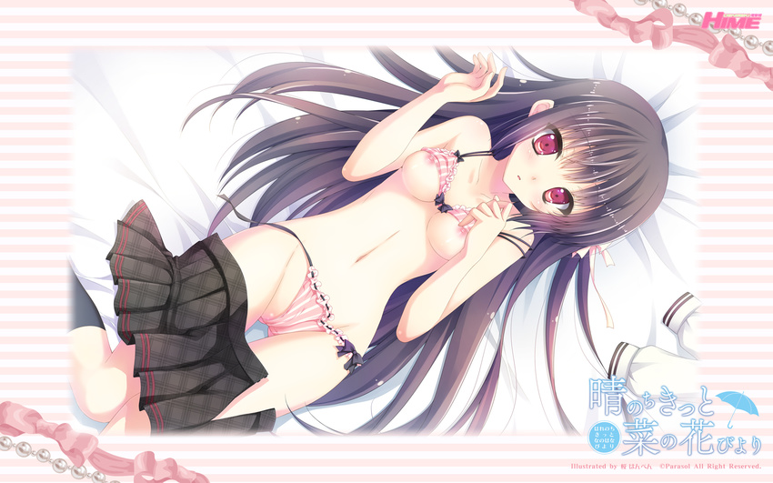 black_hair bra breasts chikotam dengeki_hime hare_nochi_kitto_nanohana_biyori logo long_hair nipples panties red_eyes sakura_hanpen sakuragi_amane seifuku skirt underwear undressing watermark