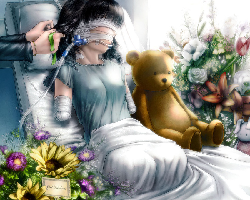 bandage bed black_hair cropped flowers jpeg_artifacts long_hair original s_zenith_lee teddy_bear