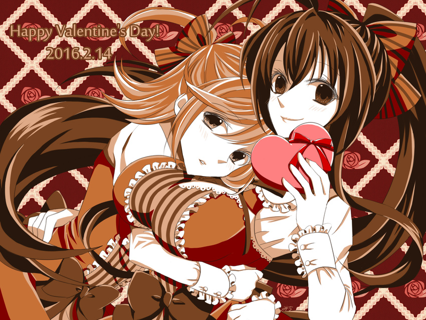 antenna_hair blazblue blazblue_remix_heart blush bow box breast_lift breasts brown_bow chocolate dress flower frilled_dress frills genderswap genderswap_(mtf) gift gift_box hair_bow hair_ribbon happy_valentine heart heart-shaped_box highres hug impossible_clothes impossible_dress large_breasts lolita_fashion long_hair long_sleeves looking_at_viewer mai_natsume matching_outfit mithiruka monochrome multiple_girls parted_lips ponytail red_flower red_rose ribbon rose sepia shiori_kirihito smile striped striped_bow two_side_up upper_body valentine yuri