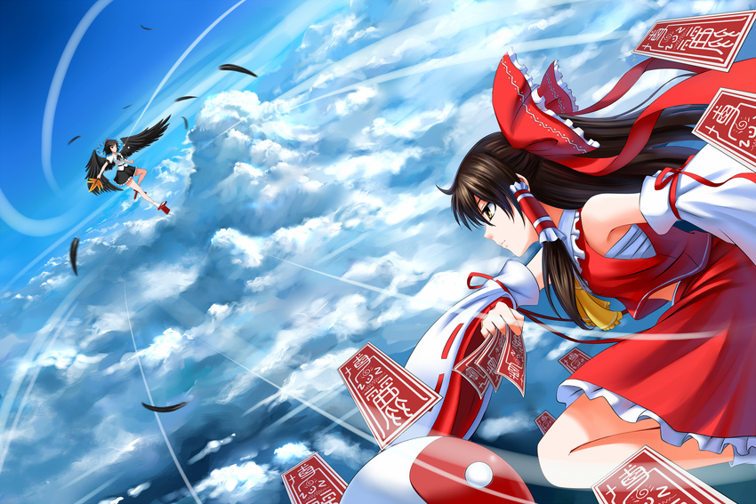 battle black_hair bow cloud day detached_sleeves duel fan feathers flying geta hair_bow hakurei_reimu hat highres long_hair multiple_girls ofuda sarashi shameimaru_aya short_hair sky tengu-geta tokin_hat touhou windtalker wings yin_yang