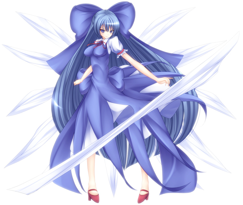 alternate_hairstyle bad_id bad_pixiv_id blue_hair bow cirno dress full_body hair_bow high_heels impossible_clothes impossible_dress large_bow long_hair mikan_(5555) older pigeon-toed ribbon shoes solo standing touhou transparent_background very_long_hair
