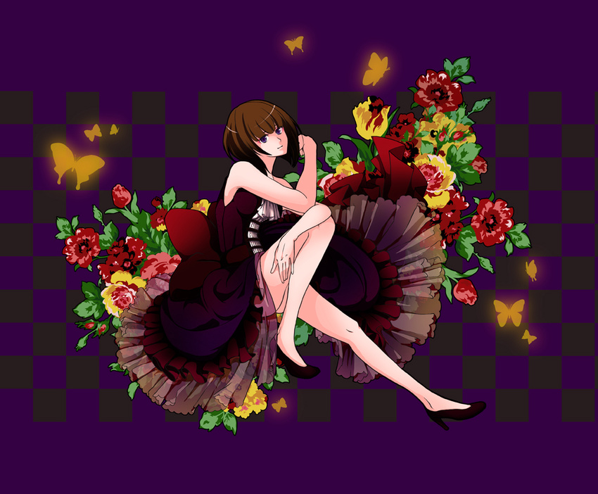 alternate_costume alternate_hairstyle bad_id bad_pixiv_id bow brown_hair bug butterfly checkered dress flower frills high_heels insect legs purple_eyes shoes solo umineko_no_naku_koro_ni ushiromiya_eva yasuda_sanchi