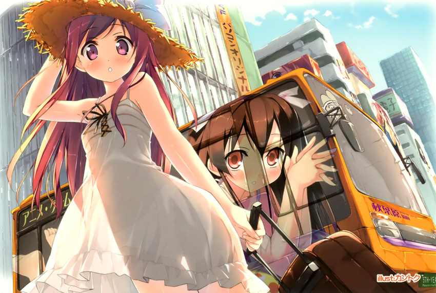 :o akihabara_(tokyo) barefoot bus day dress ground_vehicle hair_ribbon hand_on_headwear hat highres itasha kantoku kurumi_(kantoku) long_hair motor_vehicle original panties purple_eyes ribbon scan see-through see-through_silhouette solo straw_hat sundress tokyo_(city) twintails underwear