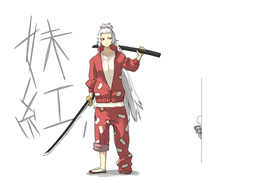 alternate_hairstyle bad_id bad_pixiv_id baggy_pants fujiwara_no_mokou grey_hair hair_ribbon jacket katana konpaku_youmu konpaku_youmu_(ghost) long_hair multiple_girls pants peeking_out potionu red_eyes ribbon scabbard sheath sword touhou very_long_hair weapon white_hair