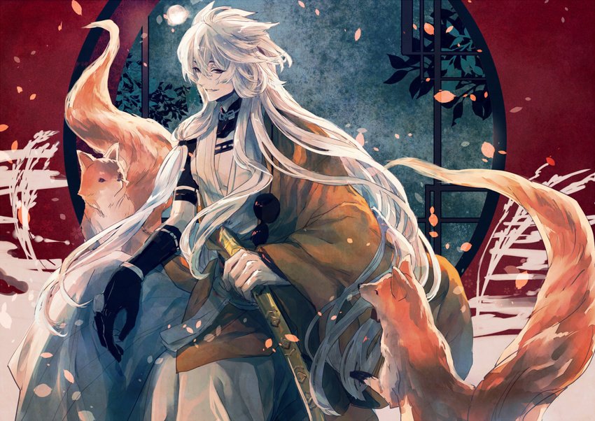 fang fox gloves japanese_clothes kogitsunemaru long_hair male_focus nakiha open_mouth petals red_eyes single_glove smile solo touken_ranbu very_long_hair white_hair