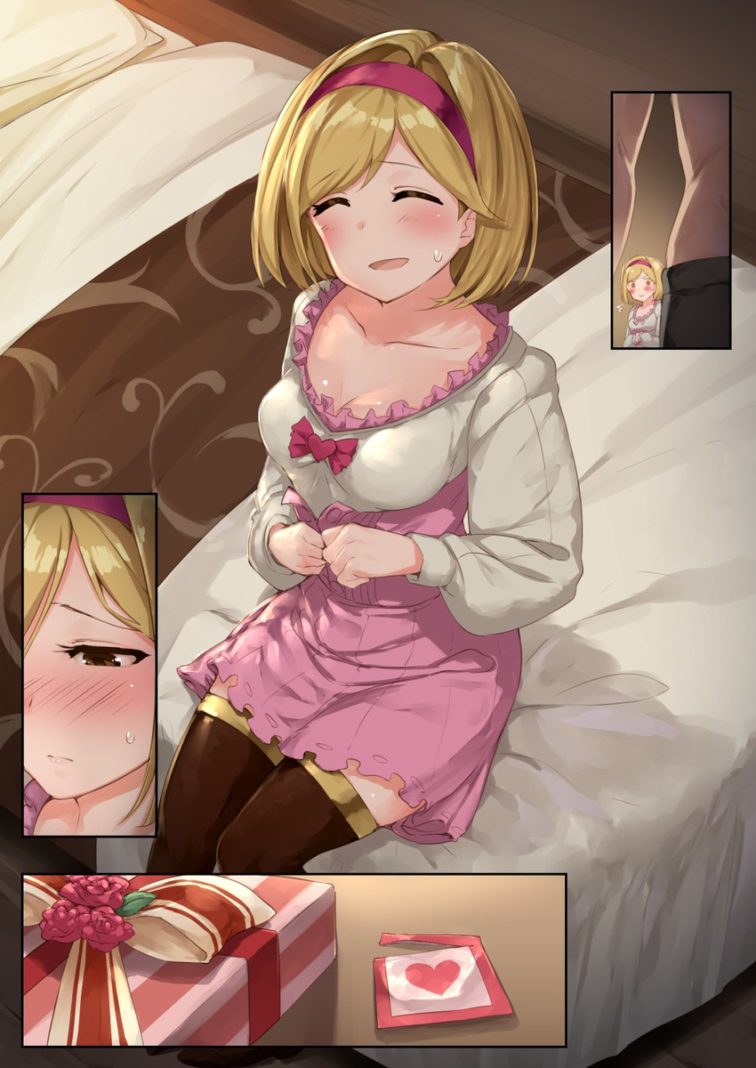 bed blonde_hair blush box check_commentary closed_eyes commentary_request condom_wrapper djeeta_(granblue_fantasy) dress fighter_(granblue_fantasy) gift gift_box granblue_fantasy hairband highres multiple_views pink_hairband pyz_(cath_x_tech) short_hair sitting thighhighs undressing valentine