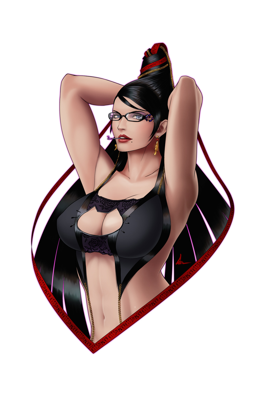 arms_behind_head arms_up bayonetta bayonetta_(character) beehive_hairdo black-framed_eyewear black_hair blue_eyes breasts cat_cutout cat_lingerie cleavage_cutout earrings glasses highres jewelry large_breasts lipstick long_hair looking_at_viewer makeup meme_attire mole mole_under_mouth navel realistic scyfon simple_background solo underwear underwear_only upper_body very_long_hair white_background