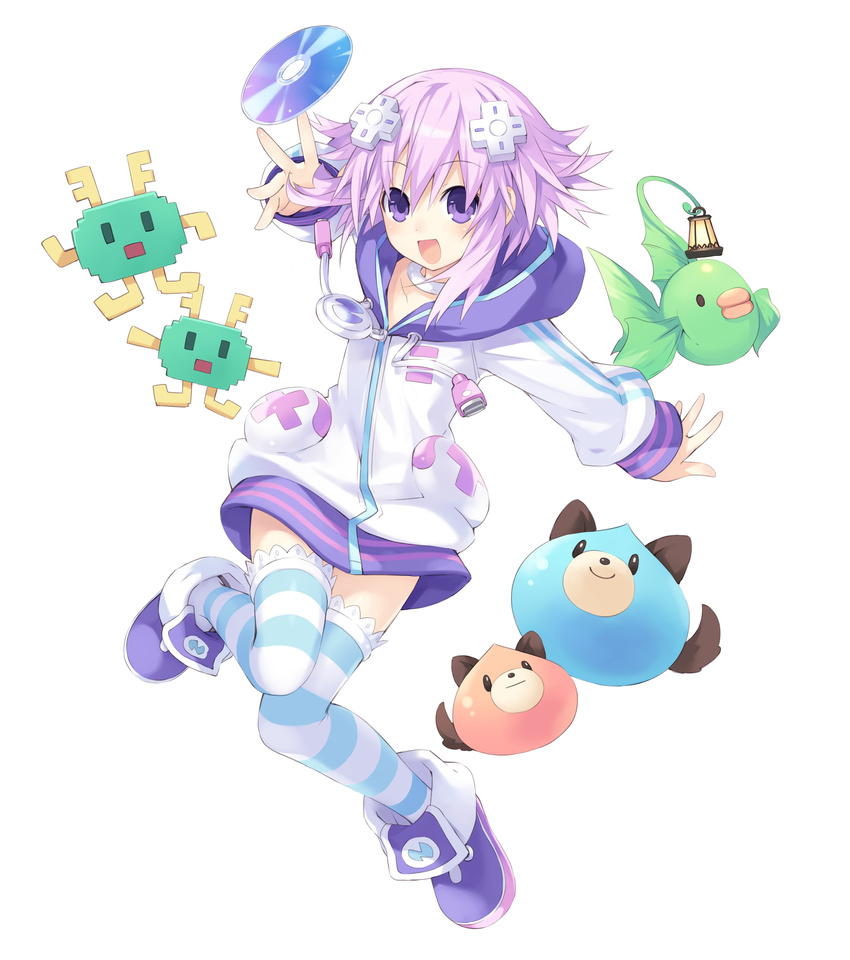 absurdres cd d-pad d-pad_hair_ornament dogoo hair_ornament highres looking_at_viewer neptune_(choujigen_game_neptune) neptune_(series) official_art purple_eyes purple_hair short_hair smile striped striped_legwear thighhighs tsunako