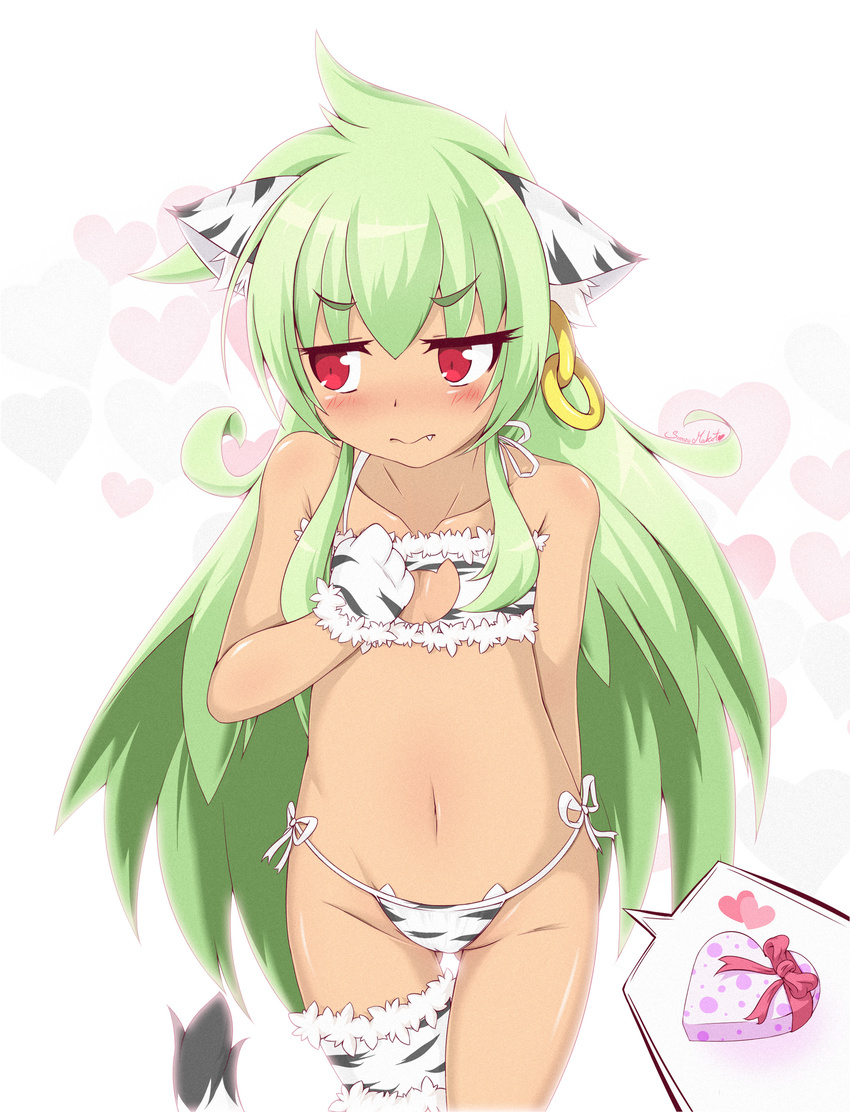 absurdres animal_ears animal_print arm_behind_back blush cat_ear_panties cat_ears cat_lingerie cat_print collarbone earrings embarrassed fang flat_chest gloves green_hair groin highres jewelry koihime_musou long_hair meme_attire moukaku navel panties paw_gloves paws print_panties red_eyes side-tie_panties simizu_makoto solo tail thigh_gap underwear very_long_hair