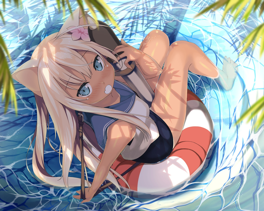 animal_ears blonde_hair blue_eyes cat_ears flower hair_flower hair_ornament highres kantai_collection kantoku_(style) kawai lifebuoy long_hair ro-500_(kantai_collection) solo swimsuit torpedo