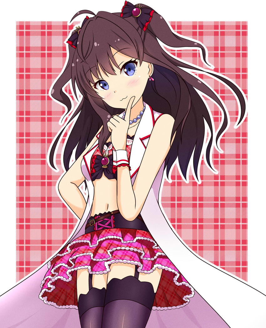 :3 ahoge bare_shoulders belt black_bow blue_eyes blush bow bra brooch brown_hair buckle cowboy_shot earrings eyebrows eyebrows_visible_through_hair finger_to_mouth garter_straps gem hair_bow hand_on_hip head_tilt highres ichinose_shiki idolmaster idolmaster_cinderella_girls index_finger_raised jewelry kochiya_hizuki layered_skirt long_hair midriff navel necklace open_clothes open_vest pearl_necklace pink_skirt plaid plaid_background red_background red_bra simple_background skirt smile solo standing stomach thighs tsurime underwear vest white_vest wrist_cuffs