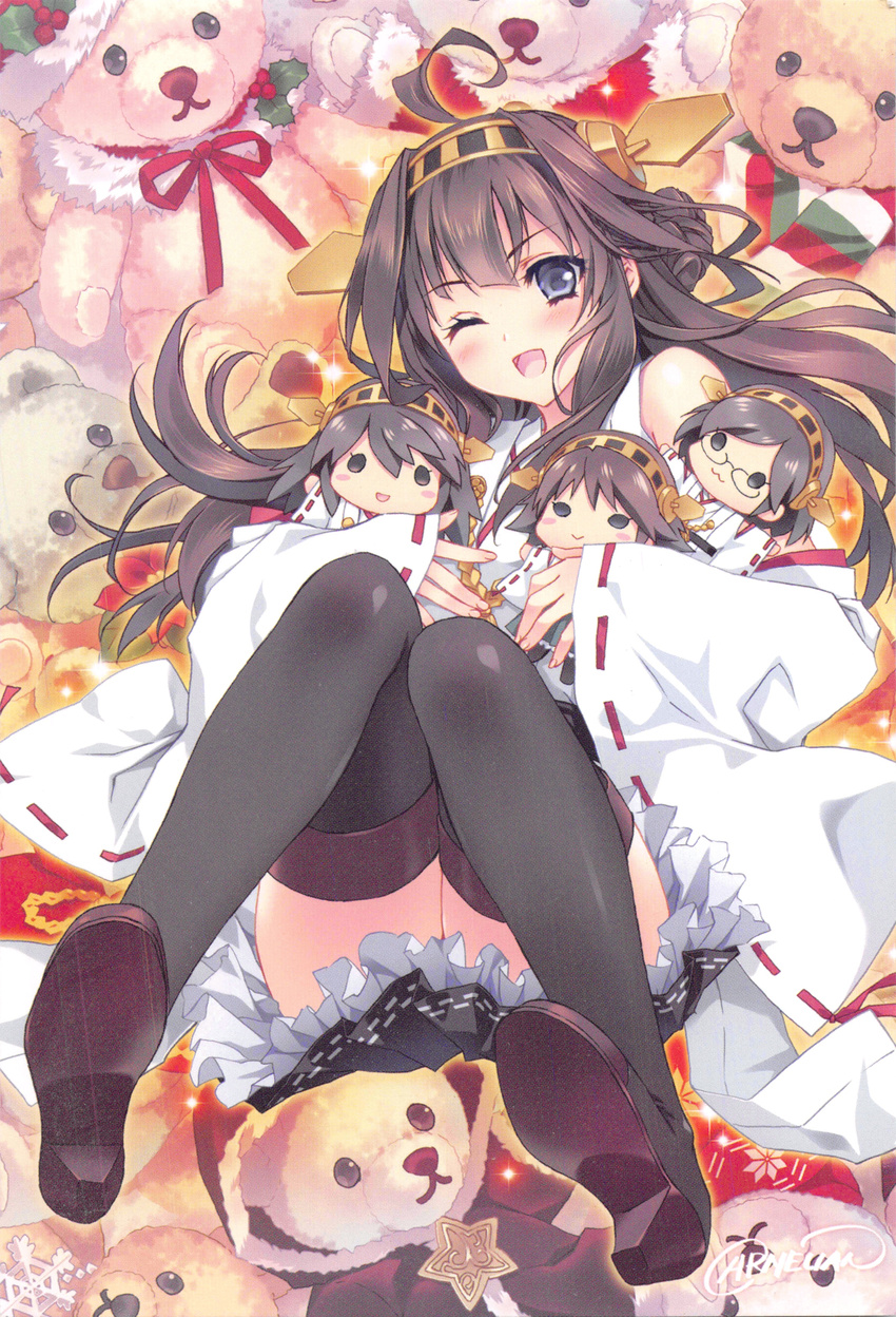 :3 :d ;d absurdres ahoge black_eyes black_legwear blush brown_hair carnelian character_doll chibi haruna_(kantai_collection) headband headgear hiei_(kantai_collection) highres japanese_clothes kantai_collection kimono kirishima_(kantai_collection) knees_together_feet_apart kongou_(kantai_collection) loafers long_hair looking_at_viewer lying multiple_girls nontraditional_miko on_back one_eye_closed open_mouth red_ribbon ribbon ribbon-trimmed_sleeves ribbon_trim scan shoe_soles shoes short_hair smile thighhighs