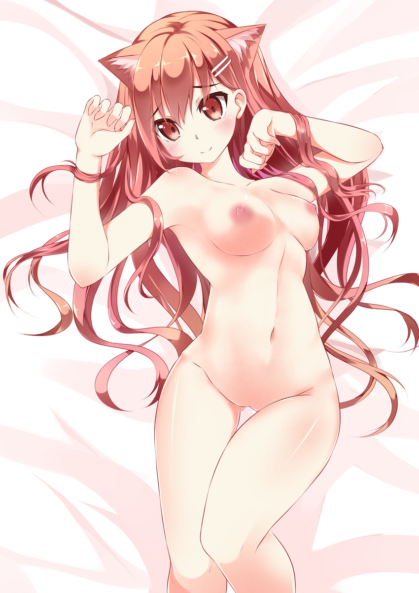 absurdres animal_ears blush breasts cat_ears catstudioinc_(punepuni) highres large_breasts long_hair navel nipples nude original puni_(miku_plus) red_eyes smile solo valentine very_long_hair