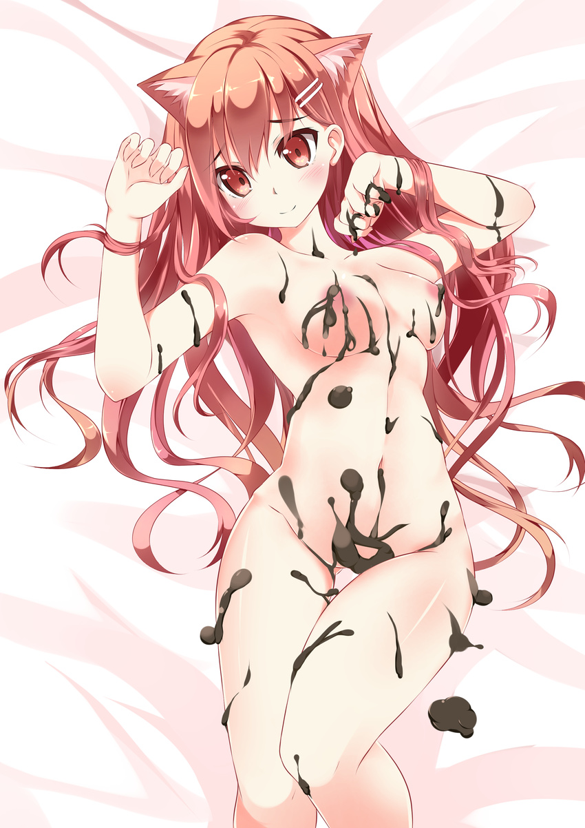 absurdres animal_ears blush breasts cat_ears catstudioinc_(punepuni) chocolate chocolate_on_breasts chocolate_on_pussy highres large_breasts long_hair naked_chocolate nude original puni_(miku_plus) red_eyes smile solo valentine very_long_hair