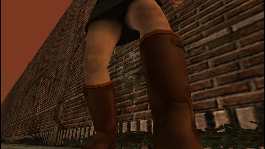 1girl 3d boots female hack heather_mason legs miniskirt outdoors silent_hill silent_hill_3 skirt sky sleeveless solo upskirt wall wristband