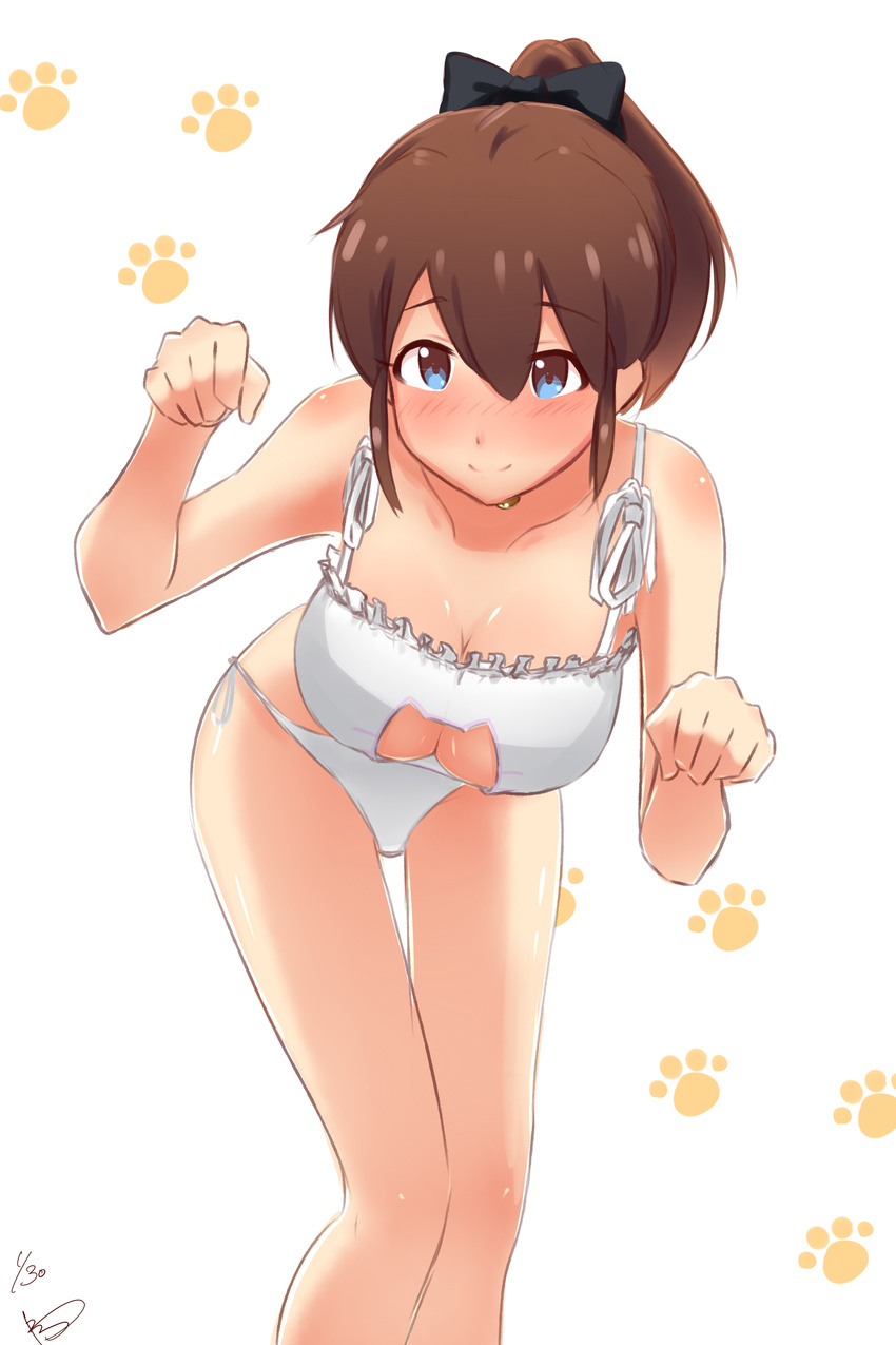 absurdres bell blue_eyes blush breasts brown_hair cat_cutout cat_lingerie cleavage cleavage_cutout highres idolmaster idolmaster_million_live! jingle_bell leaning_forward looking_at_viewer medium_breasts meme_attire panties paw_pose ponytail satake_minako side-tie_panties solo underwear underwear_only wattsu