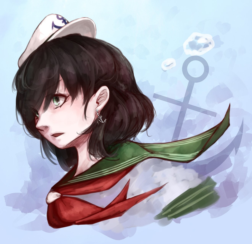 anchor_earrings anchor_symbol black_hair earrings green_eyes hat highres hoshibuchi jewelry murasa_minamitsu neckerchief open_mouth profile sailor_collar sailor_hat school_uniform serafuku short_hair short_sleeves smile solo touhou upper_body