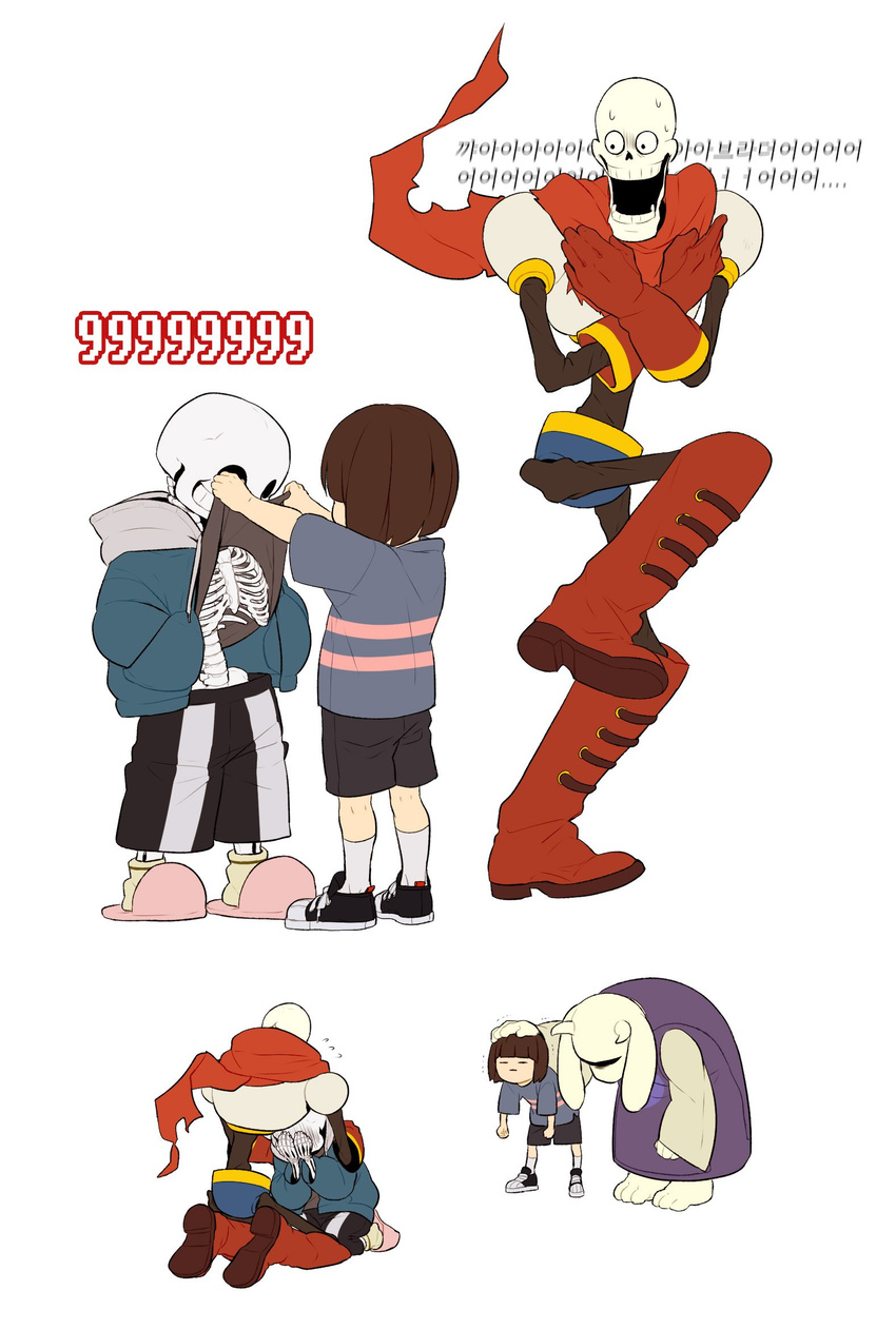 2boys androgynous apologizing bad_id bad_twitter_id bowing damage_numbers frisk_(undertale) highres hood hoodie horns korean monster_boy monster_girl multiple_boys papyrus_(undertale) redlhzz ribs ruined_for_marriage sans scarf shirt shirt_lift simple_background skeleton striped striped_shirt sweat toriel translated undertale white_background