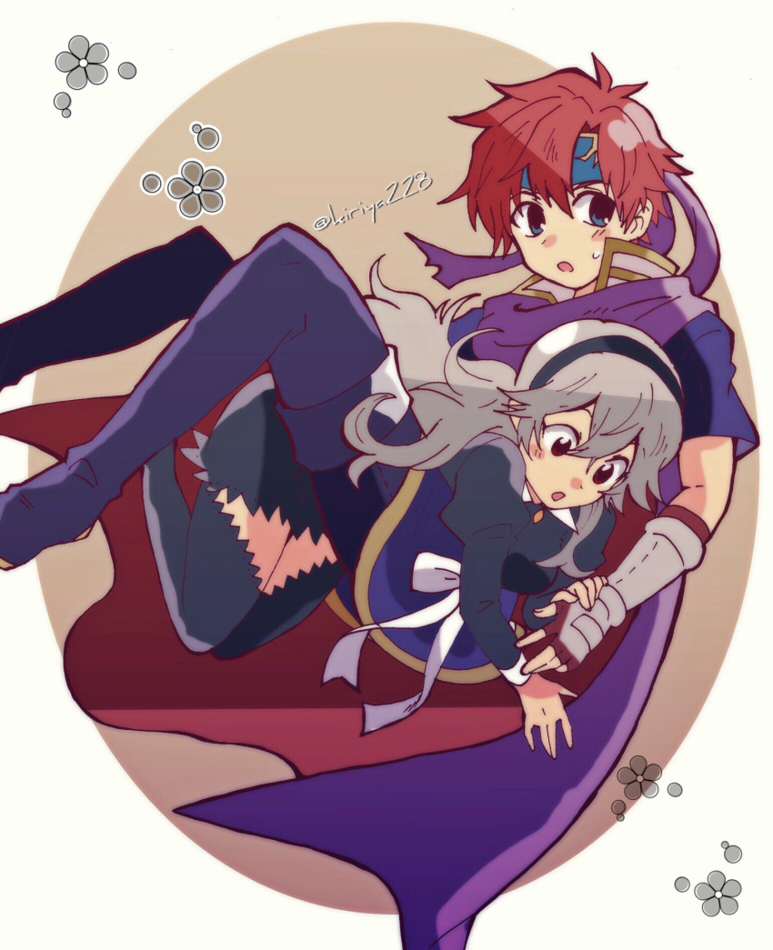 1boy 1girl armor blue_eyes blush cape female_my_unit_(fire_emblem_if) fire_emblem fire_emblem:_fuuin_no_tsurugi fire_emblem_heroes fire_emblem_if gloves hair_between_eyes hair_ornament hairband headband highres kiriya_(552260) long_hair looking_at_viewer mamkute my_unit_(fire_emblem_if) nintendo open_mouth pointy_ears red_eyes red_hair roy_(fire_emblem) short_hair silver_hair simple_background super_smash_bros. super_smash_bros._ultimate white_hair