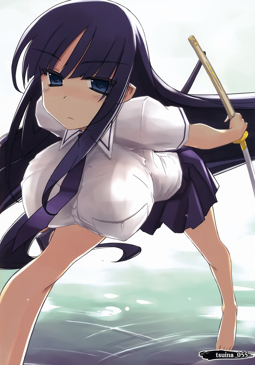 absurdres barefoot black_hair blue_eyes breasts hanging_breasts highres ikaruga_(senran_kagura) jitome katana large_breasts long_hair looking_at_viewer school_uniform senran_kagura solo sword tsuina very_long_hair weapon