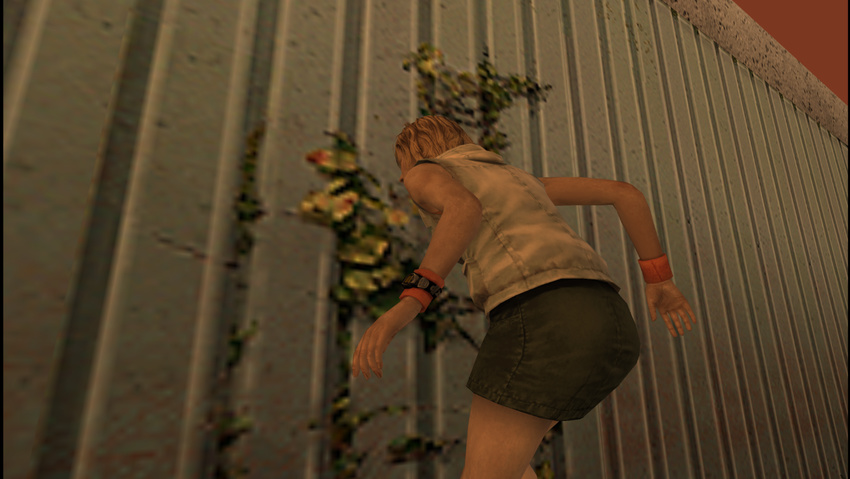 1girl 3d ass blonde_hair female hack heather_mason legs miniskirt outdoors short_hair silent_hill silent_hill_3 skirt sleeveless solo vest watch wristband