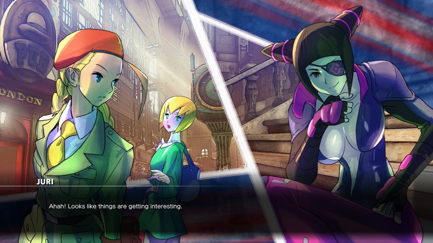 3girls alternate_costume bengus black_hair blonde_hair blue_eyes breasts cammy_white capcom cleavage eyepatch han_juri juni large_breasts multiple_girls official_art purple_eyes screencap smile spoilers street_fighter street_fighter_v subtitle