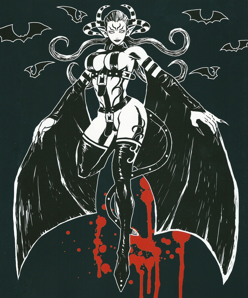 bats belts blood body_markings breasts cleavage demon_girl elise_(madworld) empty_eyes fingernails flying highres horns large_breasts long_fingernails long_hair madworld monochrome pointy_ears sideboob skimpy solo spot_color tattoo thigh_boots vampire