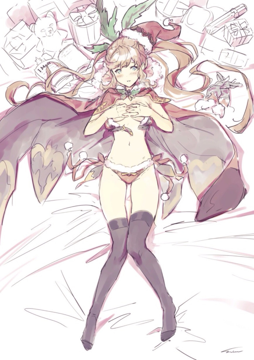 bangs bed_sheet bikini black_legwear blue_eyes blush book cape christmas clarisse_(granblue_fantasy) covering covering_breasts gloves gloves_removed granblue_fantasy hat highres holly leaf long_hair looking_away lying navel on_back open_clothes orange_hair red_bikini santa_hat shimotsuki_eight solo swimsuit thighhighs