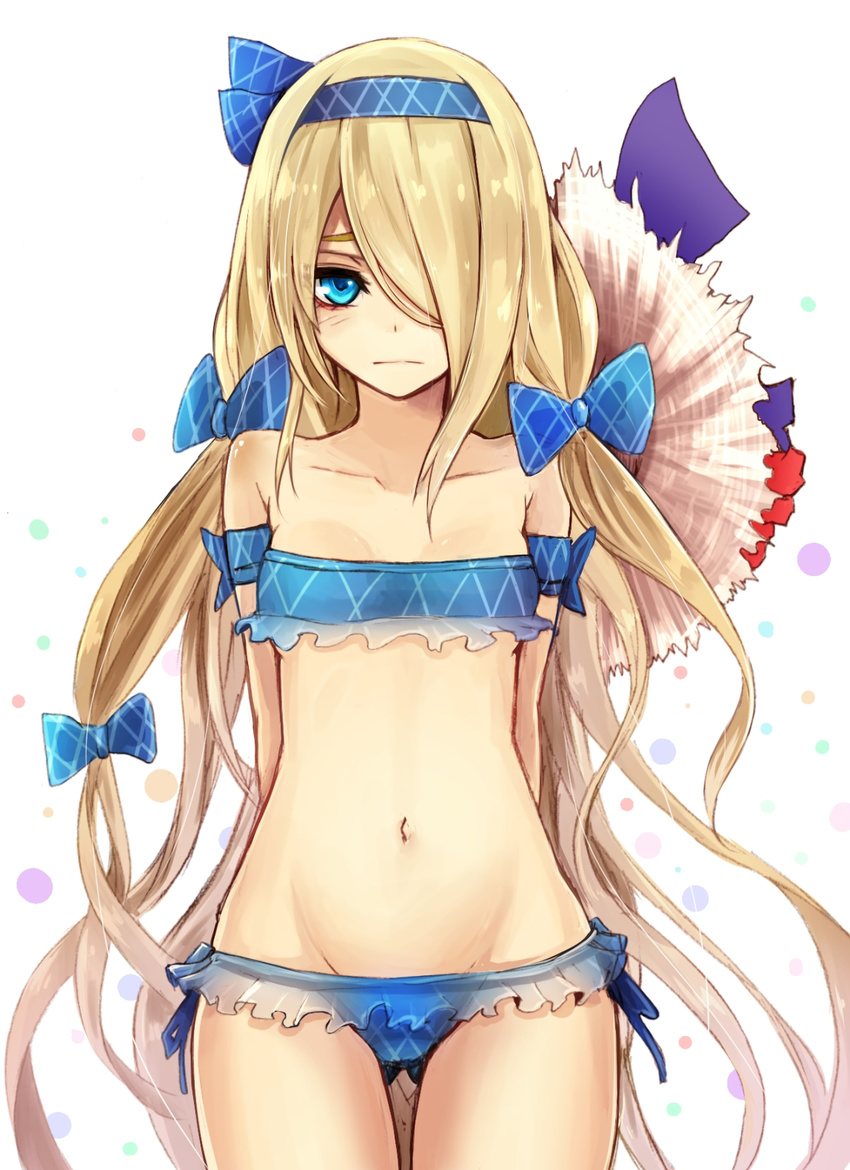 1girl arms_behind_back blonde_hair blue_bow blue_eyes blush bow bra character_request female frilled_bra frilled_panties frills hair_bow hair_ornament long_hair looking_at_viewer midriff navel panties small_breasts solo source_request swimsuit thigh_gap underwear very_long_hair white_background yukihama